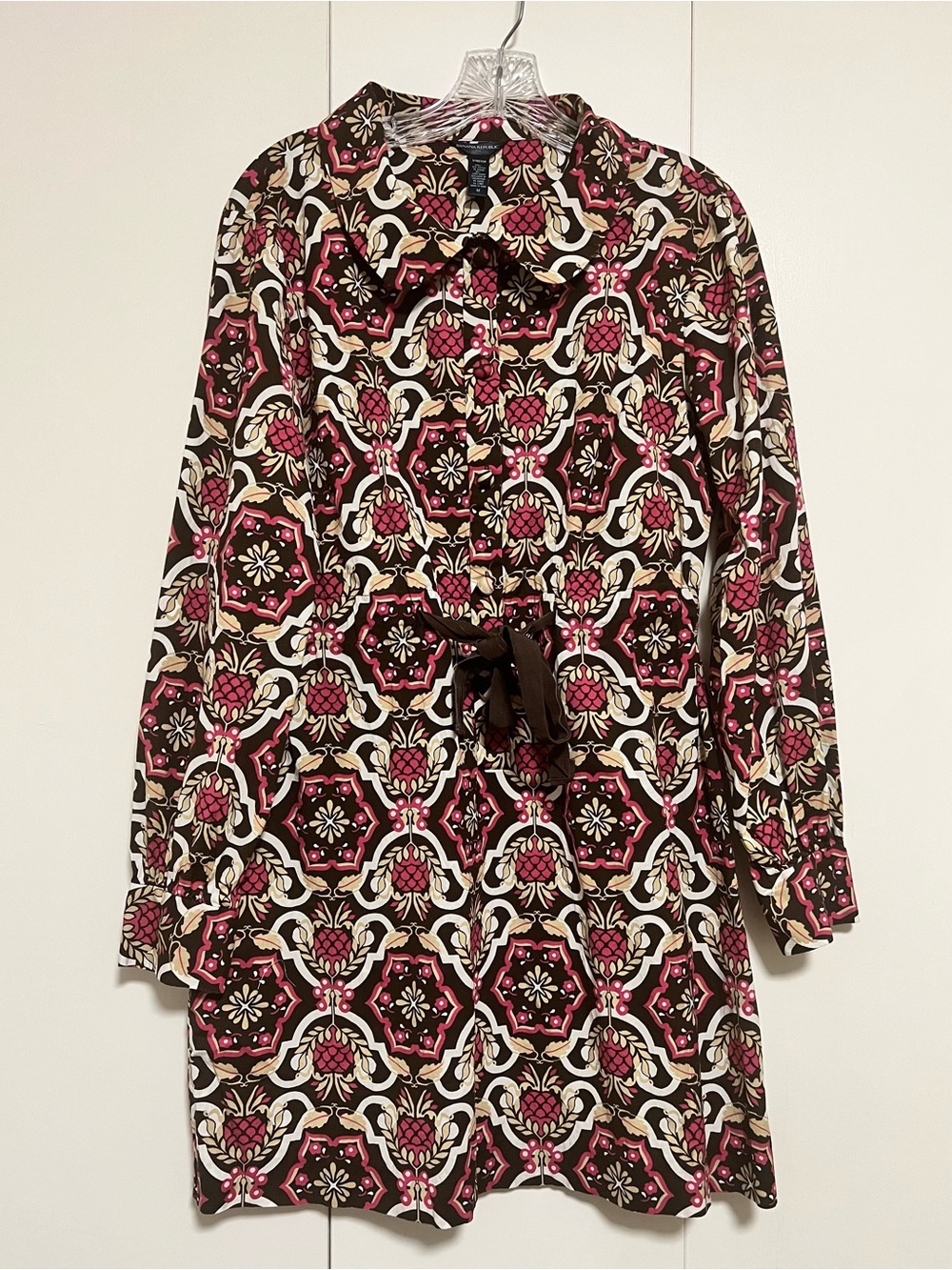 Banana Republic Stretch Cotton Long Sleeve Shirt Dress Sz M Brown Pink Geometric